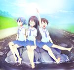  aioi_yuuko bad_id bad_pixiv_id bare_legs barefoot black_hair blue_eyes blue_hair bow brown_hair closed_eyes feet food glasses hair_bow itou_nanami legs long_hair minakami_mai multiple_girls naganohara_mio necktie nichijou popsicle river school_uniform short_hair tears tokisadame_school_uniform twintails water 