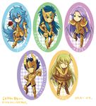  aquarius_camus aries_muu armor black_hair blonde_hair blue_hair capricorn_shura flower gold_armor gold_saint long_hair male_focus multiple_boys pisces_aphrodite purple_hair ratsunagina rose saint_seiya virgo_shaka 