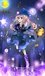  bat blue_eyes boots bucket candy dress full_moon halloween jack-o&#039;-lantern long_hair moon night pink_hair pumpkin sky stars wand 