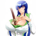  1girl between_breasts blue_eyes blue_hair breasts busujima_saeko cleavage erect_nipples female highschool_of_the_dead huge_breasts katana large_breasts long_hair smile solo sword tora tora_(net1nen) weapon 