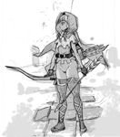  arrow belt boots bottomless bow_(weapon) braid cloak dragon's_crown elf_(dragon's_crown) gloves greyscale hood monochrome pussy shiwasu_no_okina sketch solo thigh_boots thighhighs twin_braids weapon 