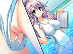  akaza censored hand hands henshin_3 living_clothes long_hair notebook pen pool purple_hair pussy school_swimsuit swimsuit tampon water white_school_swimsuit white_swimsuit 