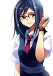  ano_hi_mita_hana_no_namae_wo_bokutachi_wa_mada_shiranai. bad_id bad_pixiv_id blue_eyes blue_hair glasses haruno_(kanimeshi) lens_flare long_hair red-framed_eyewear school_uniform simple_background smile solo sweater_vest tsurumi_chiriko watch 