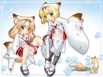  adapted_uniform animal_ears bell blonde_hair chihaya_(clothing) fox_ears fox_tail hakama japanese_clothes koyuki_(snow_fox) miko multiple_girls nakajima_konta red_hakama sayuki_(snow_fox) snow_fox tabi tail thighhighs wallpaper zettai_ryouiki 