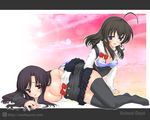  blue_eyes bow bra breasts cleavage katsura_kotonoha kotobuki_utage lingerie long_hair medium_breasts multiple_girls panties red_bow saionji_sekai school_days school_uniform striped striped_panties thighhighs underwear undressing wallpaper 