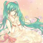  dobu_hinako dress flower gloves green_eyes green_hair hands_clasped hatsune_miku long_hair own_hands_together smile solo twintails very_long_hair vocaloid 