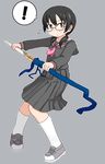  1girl black_eyes black_hair glasses grey_background highres kneehighs kurabayashi_aya mitsudomoe satou_eri school_uniform serafuku shinai simple_background skirt solo sword twintails weapon 