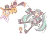  blonde blue_eyes chibi green_hair guitar hair_ribbon hatsune_miku kagamine_len kagamine_rin loli microphone twin_tails twins vocaloid 