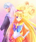  1girl aino_minako back_bow bishoujo_senshi_sailor_moon blonde_hair blue_eyes blush bow cape choker earrings elbow_gloves flower gloves gradient_hair hair_ribbon hand_on_hip jewelry kunzite_(sailor_moon) long_hair magical_girl multicolored_hair one_eye_closed orange_choker orange_sailor_collar orange_skirt pink_hair pleated_skirt purple_eyes red_bow ribbon rose sailor_collar sailor_senshi_uniform sailor_venus skirt smile tiara torao_(torakmn) white_gloves white_hair yellow_flower yellow_rose 