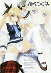  arm_up blonde blouse blue_eyes bottomless long_hair necktie pantsu school_uniform shoes sitting thighhighs twin_tails white_panties white_thighhighs yoshimura_kentaro yoshimura_kentarou 