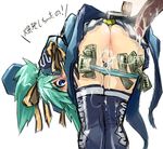  1girl after_sex aqua_hair ass bent_over blue_eyes c.s. cosmic_break crank cum hair_ornament hetero money money_hold panties panty_pull penis prostitution skirt skj solo_focus tail theft thighhighs translated twintails underwear 