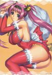  absurdres airi_(queen's_blade) arms_up ass backless_outfit bell bent_over blue_eyes blush breasts carrying christmas detached_sleeves dress fingernails from_side hair_ornament highres iruma_kamiri lace lace-trimmed_thighhighs large_breasts legs long_hair queen's_blade santa_costume scan sideboob smile solo thighhighs thighs twintails 