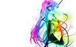  1girl bare_shoulders blue_eyes blue_hair colorful detached_sleeves elbow female gloves green_hair hatsune_miku headphones long_hair miniskirt multicolored necktie pink_hair purple_hair rainbow redjuice skirt solo twintails vocaloid white 