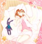  ;o akane_(goma) animal_ears bad_id bad_pixiv_id brown_hair bunny bunny_ears futon goma_(11zihisin) hat hood hoodie male_focus midriff navel one_eye_closed original otoko_no_ko pillow shorts solo souta_(goma) stuffed_animal stuffed_bunny stuffed_toy top_hat waking_up yellow_eyes 