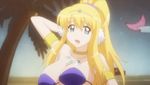  animated animated_gif blonde_hair blue_eyes bouncing_breasts breasts cleavage dancer dancing elf huge_breasts jewelry long_hair necklace pointy_ears ponytail screencap solo tiffania_westwood zero_no_tsukaima 