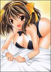  bare_legs breasts brown_eyes brown_hair bunny_girl bunny_tail bunnysuit cleavage large_breasts leotard short_hair solo suzumiya_haruhi suzumiya_haruhi_no_yuuutsu tail traditional_media wrist_cuffs yadokari_genpachirou 