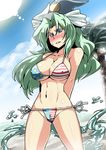  american_flag american_flag_bikini bikini blue_eyes blush breasts cameltoe cleavage covered_nipples flag_print green_hair hat highres large_breasts long_hair midriff mima slender_waist solo swimsuit touhou touhou_(pc-98) tsuki_wani water wizard_hat 