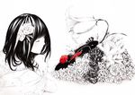  closed_eyes flower hair_flower hair_ornament monochrome original record red_flower red_rose rose solo sousou_(sousouworks) spot_color thorns upper_body 