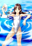  afloat breasts brown_eyes brown_hair competition_swimsuit copyright_request highleg highleg_swimsuit lane_line long_hair looking_at_viewer norizou_type-r one-piece_swimsuit pool single_vertical_stripe small_breasts smile solo swim_cap swimsuit white_swimsuit 