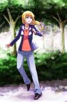  bad_id bad_pixiv_id blonde_hair casual charlotte_dunois denim infinite_stratos jeans jewelry kaoru348 necklace pants ponytail purple_eyes solo 