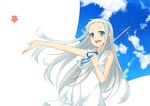  :d ano_hi_mita_hana_no_namae_wo_bokutachi_wa_mada_shiranai. blue_eyes dress happy honma_meiko long_hair nabeshima_tetsuhiro open_mouth outstretched_arm silver_hair sky_print smile solo umbrella white_background 