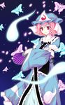  blush bug butterfly cherry_blossoms fan folding_fan fuku_arashi ghost hat highres hitodama insect japanese_clothes petals pink_eyes pink_hair saigyouji_yuyuko short_hair smile solo touhou triangular_headpiece 