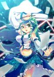  akane_(xichris) arm_up detached_sleeves frog gohei green_eyes green_hair hair_ornament kochiya_sanae long_hair long_sleeves midriff navel open_mouth paper shirt skirt snake solo touhou 