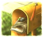  bee bird bug clover english four-leaf_clover grass insect letter mailbox_(incoming_mail) mouth_hold newspaper no_humans original parakeet wings yoshiyanmisoko 