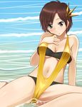  arm_support bikini black_bikini blush brown_eyes brown_hair casual_one-piece_swimsuit hair_ornament hand_on_own_chest katatsuka_kouji looking_at_viewer navel nene_(sengoku_musou) one-piece_swimsuit open_mouth partially_submerged sengoku_musou shore short_hair sitting solo swimsuit swimsuit_under_swimsuit yellow_swimsuit 