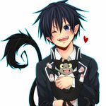  ao_no_exorcist black_hair blacky blue_eyes cat fangs heart kuro_(ao_no_exorcist) lowres okumura_rin open_mouth paws pointy_ears smile tail tails wink 