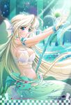  blonde_hair blue_eyes breasts cleavage fish head_fins highres large_breasts long_hair mermaid monster_girl navel solo sugiyama_genshou underwater very_long_hair wand yuukyuu_no_sharin 