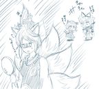  anger_vein angry animal_ears braid cat cat_ears cat_tail chen dress earrings flower fox_ears fox_tail hair_flower hair_ornament hair_twirling hat jewelry mirror monochrome multiple_girls multiple_tails nekomata shiromamekei shouten_pegasus_mix_mori sketch smile tail touhou translation_request yakumo_ran yakumo_yukari 