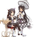  2girls beverage black_eyes black_hair blush boots choker dress fang fashion gloves gothic happy headdress knee_socks loli long_hair ribbon royalty skirt smile tagme thighighs umbrella 