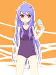  alternate_headwear food fruit hinanawi_tenshi holding ibuki_notsu long_hair one-piece_swimsuit peach popsicle purple_hair red_eyes school_swimsuit solo swimsuit touhou 