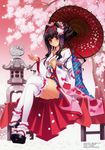  black_hair blush bow carnelian character_hair_ornament cherry_blossoms crossed_legs hair_ornament hello_kitty hello_kitty_to_issho! highres japanese_clothes kimono legs lolita_fashion long_hair miyabi_sakuya oriental_umbrella pink_eyes sandals sitting solo stone_lantern thighhighs thighs tree umbrella wa_lolita white_legwear 