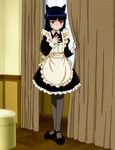  apron black_hair blush curtains gokou_ruri hand_on_chest hime_cut kemonomimi long_hair maid mary_janes mole nekomimi ore_no_imouto_ga_konna_ni_kawaii_wake_ga_nai pantyhose red_eyes screen_capture solo 