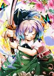  black_hairband blurry bracelet bug butterfly cherry_blossoms closed_eyes concentrating depth_of_field fighting_stance flower frown ghost gradient_hair hairband highres hitodama im_(badmasa) insect jewelry katana konpaku_youmu konpaku_youmu_(ghost) multicolored_hair petals scabbard sheath short_hair silver_hair skirt solo sword tassel touhou vest weapon 