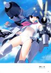  :o absurdres aircraft airplane armor blue_hair cameltoe copyright_request cowl firing gun highres jiji mecha_musume personification ponytail propeller red_eyes revealing_clothes school_swimsuit school_uniform smoke smoking solo swimsuit swimsuit_under_clothes weapon world_war_ii 