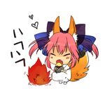  animal_ears bad_id bad_pixiv_id blush bow campfire chibi closed_eyes eating fang fate/extra fate_(series) fire fox_ears fox_tail hair_bow hair_ribbon heart izru japanese_clothes open_mouth pink_hair potato ribbon sidelocks tail tamamo_(fate)_(all) tamamo_no_mae_(fate) twintails 