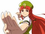  &gt;:) alternate_eye_color bad_id bad_pixiv_id bangs bow braid breasts closed_mouth dress face fighting_stance foreshortening green_bow green_dress green_hat hair_bow hands hat hong_meiling long_hair looking_at_viewer medium_breasts outstretched_arm outstretched_hand palms parted_bangs red_eyes red_hair shibasaki_shouji short_sleeves simple_background smile solo star touhou twin_braids upper_body v-shaped_eyebrows white_background 
