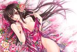  :d axis_powers_hetalia bare_shoulders black_hair breasts collarbone floral_print flower hair_flower hair_ornament highres long_hair loumlin1108 lying medium_breasts naked_sheet on_back open_mouth purple_eyes smile solo taiwan_(hetalia) 