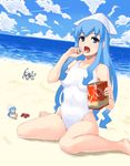  beach blue_eyes blue_hair blue_sky chibi cloud day eating hat ikamusume ishimiso_(ishimura) kappa_ebisen long_hair mini-ikamusume minigirl multiple_girls multiple_persona ocean one-piece_swimsuit outdoors prawn_crackers sand shinryaku!_ikamusume sitting sky snack swimsuit tentacle_hair wariza water white_swimsuit 