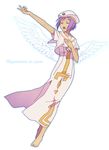  :o angel_wings aria athena_glory barefoot closed_eyes dark_skin full_body hand_on_own_chest hat kawakami_tomoko latin outstretched_arm purple_hair short_hair simple_background solo uniform urue very_short_hair wings 