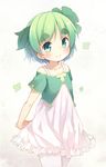  aqua_eyes arms_behind_back bad_id bad_pixiv_id blush clover dress eyebrows four-leaf_clover green_hair kinoko-san kito_(sorahate) original pantyhose short_hair smile solo thick_eyebrows white_legwear 