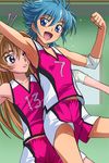  armpits blue_eyes blue_hair brown_hair clothes_writing hair_ribbon haruyama_kazunori houjou_hibiki long_hair multiple_girls navel nishijima_waon open_mouth panties pantyshot precure ribbon short_hair shorts smile sport sportswear suite_precure underwear upshorts volleyball volleyball_uniform white_panties 