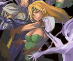  2girls blonde_hair breasts brown_gloves cecil_harvey celes_chere cleavage elbow_gloves esper final_fantasy final_fantasy_iv final_fantasy_vi gloves green_eyes green_headband green_leotard headband large_breasts leotard long_hair multiple_girls shoulder_pads tina_branford trance_tina_branford upper_body very_long_hair yorisuke 