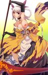  braid breasts caee_penguin choker cleavage dress earrings elbow_gloves gloves kimono large_breasts nipples open_clothes open_kimono oppai penguin_caee red_eyes scythe topless weapon white_hair 