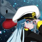  battleship blue_eyes blue_hair blush denpa_onna_to_seishun_otoko frown hand_on_headwear hat inmrtsk long_hair military military_vehicle parody ship space space_craft star_(sky) touwa_erio uchuu_senkan_yamato uniform very_long_hair warship watercraft yamato_(uchuu_senkan_yamato) 