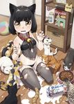  animal_ears bare_shoulders bell bell_collar black_hair black_panties blush bob_cut bowl cat cat_ears cat_tail claws collar fang fingernails food food_on_face lena_(zoal) long_fingernails looking_at_viewer milk navel original panties pet_bowl short_hair sitting solo spill string_panties tail tears thighhighs too_many too_many_cats torn_clothes torn_legwear underwear wariza wavy_eyes wavy_mouth yellow_eyes 