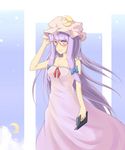  alternate_costume bare_shoulders bespectacled book breasts cleavage crescent dress glasses hair_ribbon hand_on_headwear hat highres long_hair medium_breasts nogisaka_kushio patchouli_knowledge purple_eyes purple_hair ribbon smile solo touhou 